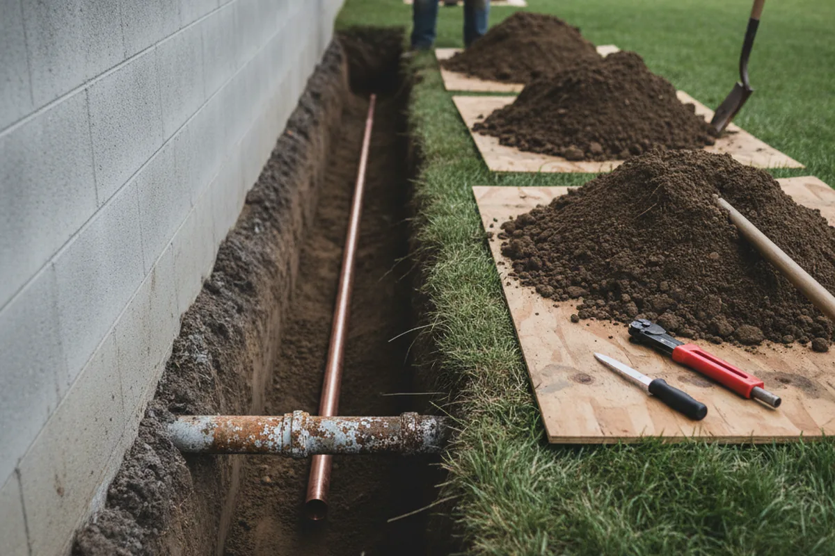 Excavated water line trench during Sewer Line Repair in Shingletown
